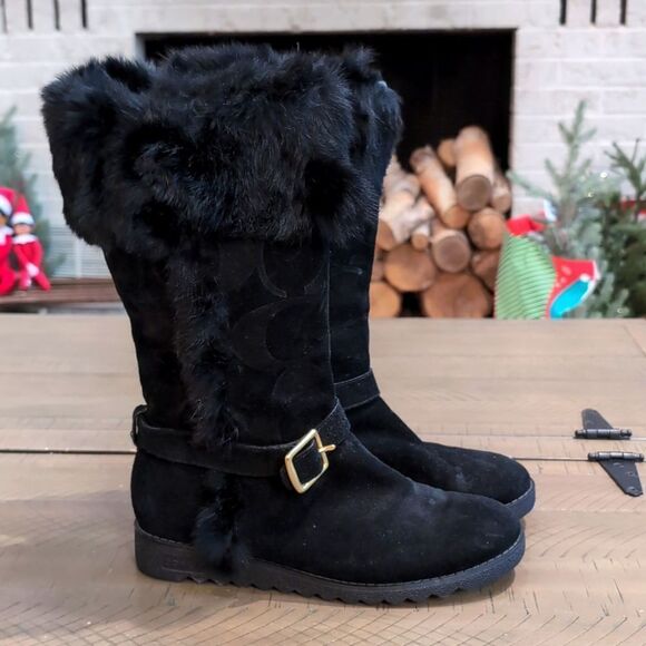 COACH Deeann Black Fur Trim Signature Winter Boots Sz 7 - Picture 1 of 14